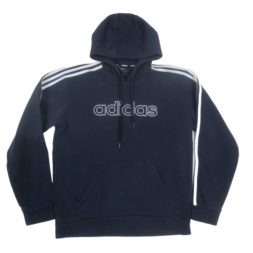 Adidas Hoodie Men Medium Blue 3 Stripe Spell Out Logo Pullover Casual Athleisure